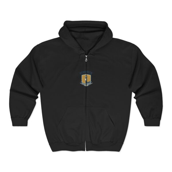 Shield Crest Full‑Zip Hoodie — Vintage Gold & Blue Emblem