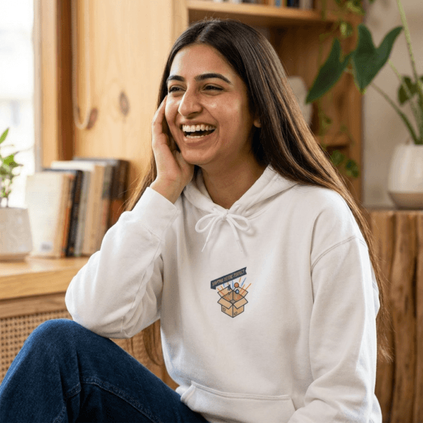 Hoodie — Cute Delivery Box Illustration "Special Delivery" (Minimal Chest Print)