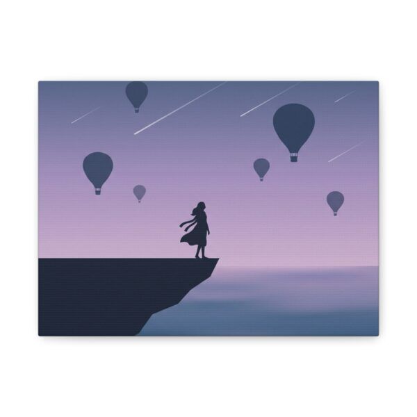 Sunset Cliff Silhouette Matte Canvas Wall Art — Woman & Hot Air Balloons