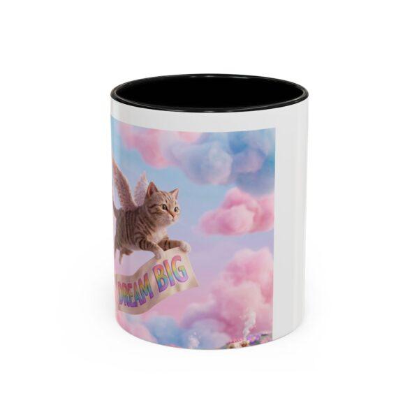 Dream Big Cat Accent Coffee Mug — Cute Flying Kitty on Pink Cloudscape (11/15 oz)