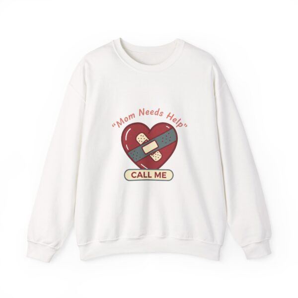 Crewneck Sweatshirt — "Mom Needs Help" Heart Bandage Call Me Graphic
