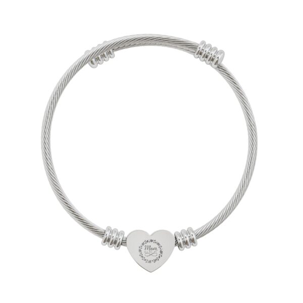 Engravable Heart Cuff Bracelet — Personalized Wire Bangle with Crystal Accent