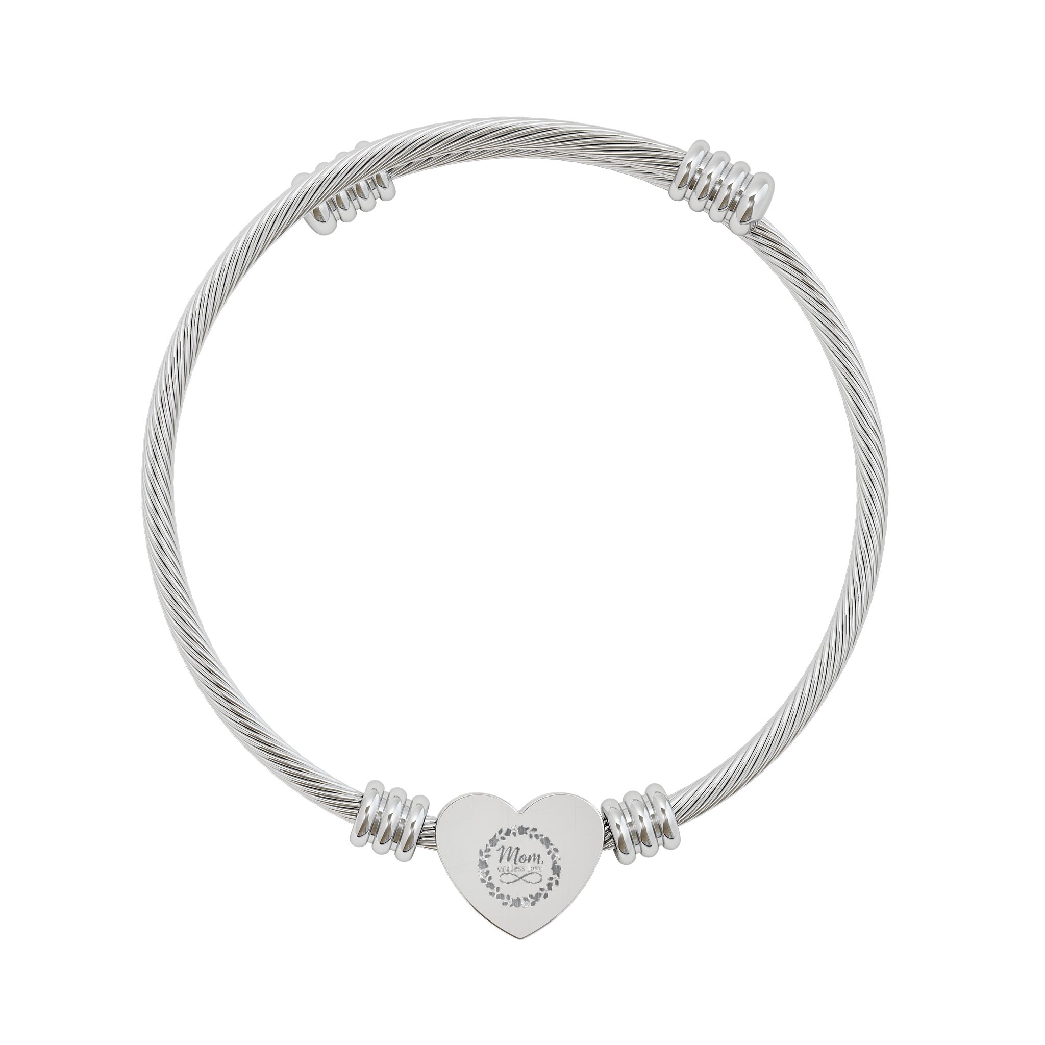 Engravable Heart Cuff Bracelet — Personalized Wire Bangle with Crystal Accent