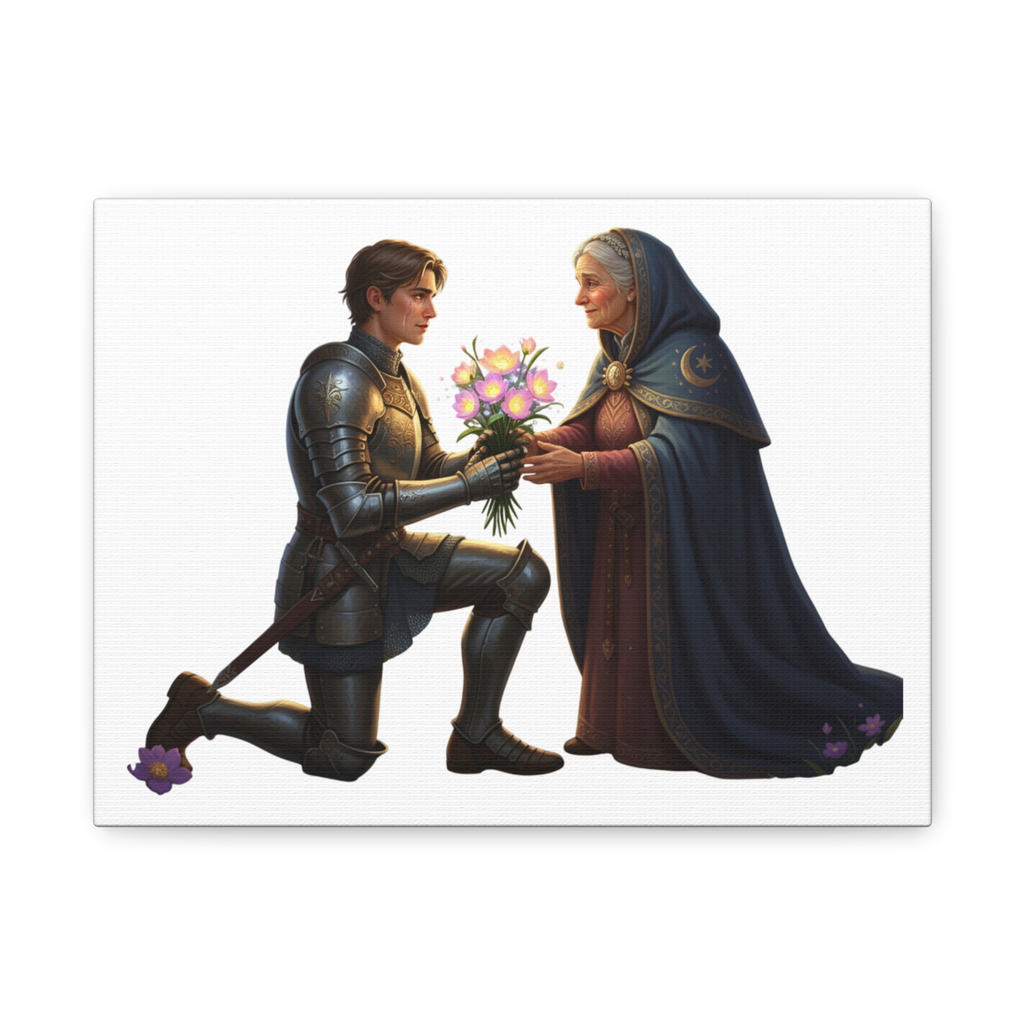 Romantic Knight & Wise Woman Matte Canvas Wall Art — Medieval Love Illustration