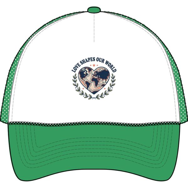 Trucker Cap — “Love Shapes Our World” Heart Globe Mesh Back Hat