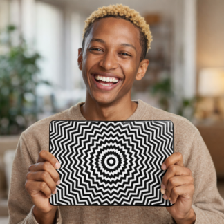 Handwoven Straw Tote Bag with Black Geometric Sunburst Pattern