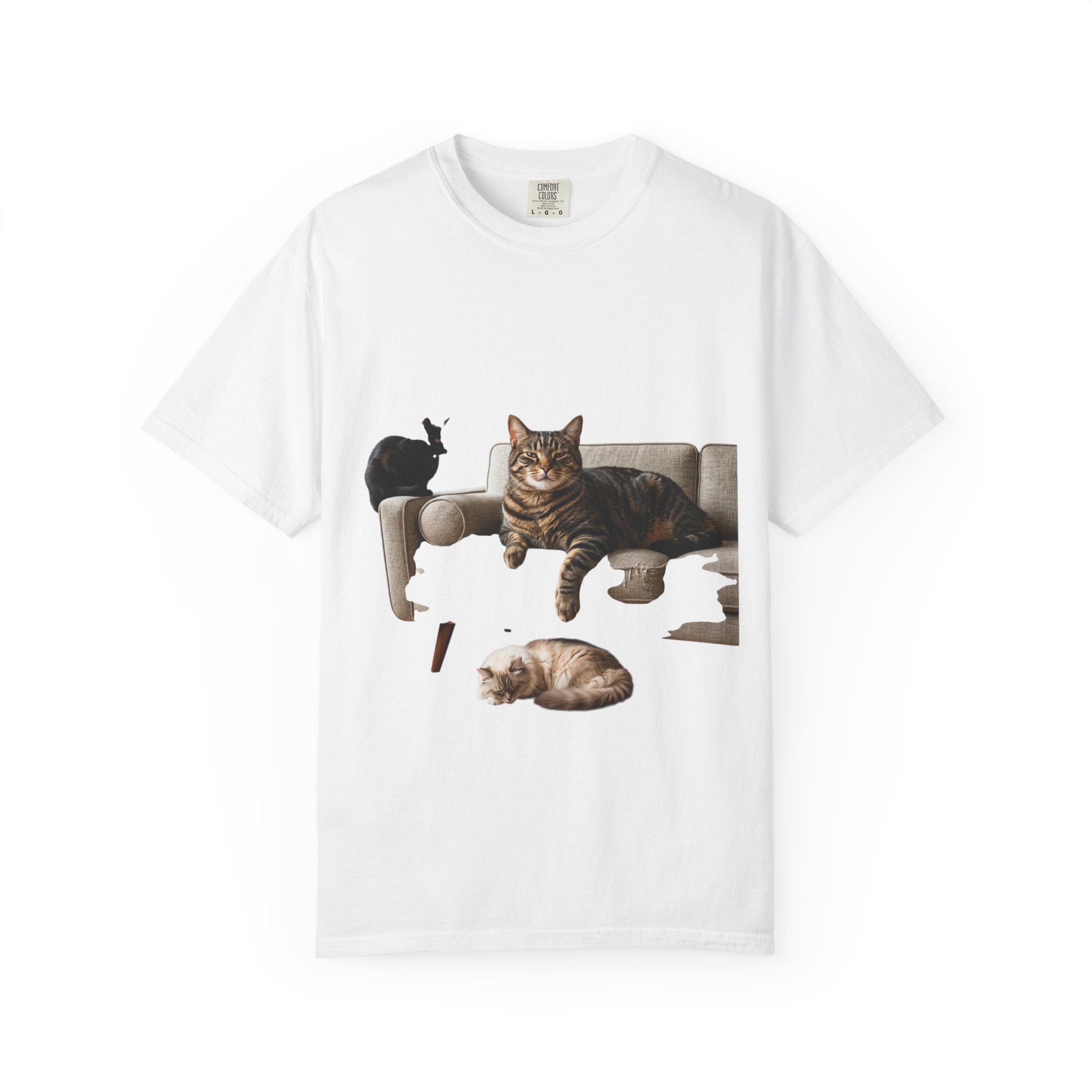 Cat Family Photo Tee — Cozy Living Room Cats Graphic T-Shirt