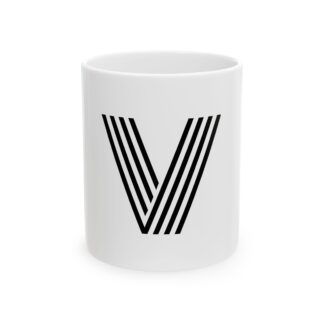 V Monogram Ceramic Mug — Minimalist Black Striped Initial Coffee Cup (11oz & 15oz)