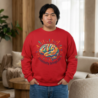 Crewneck Sweatshirt — "Creativity Brings Joy" Colorful Brain Graphic