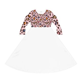 Pink Leopard Print Long Sleeve Dance Dress – Flared A-Line Skirt, Girls' Performance Costume
